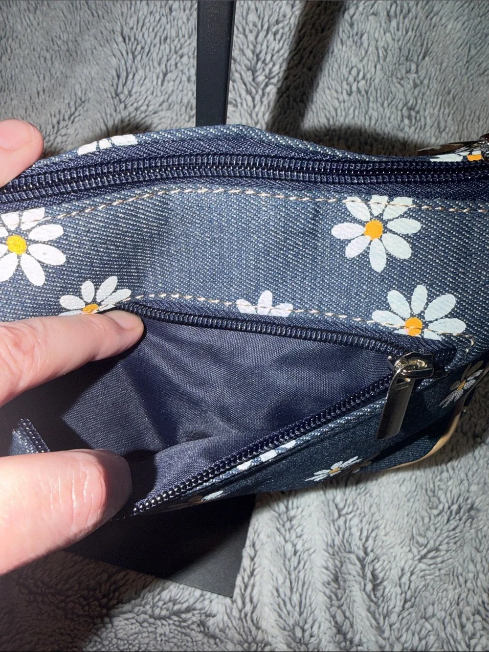 Denim Daisy Print Shoulder Bag with Tan Trim